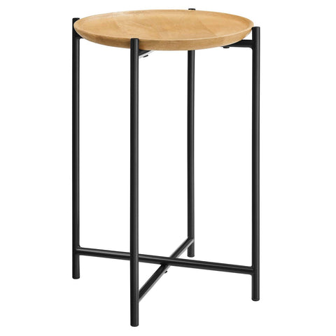 Modway Xilo Modern Wood Metal Side Table in Oak - Rustic Solid Mango Wood Top - Bedside Table with Metal Legs - Small Round Accent Table - Indoor Plant Stand