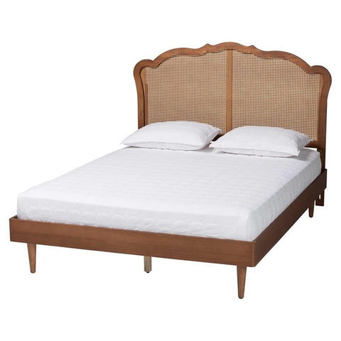 Baxton Studio Camden Walnut Brown Wood and Rattan Queen Size Platform Bed