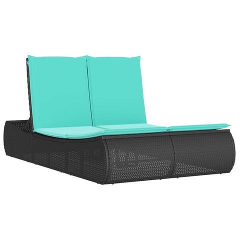 vidaXL Patio Double Sun Lounger with Cushions, Outdoor Chaise Lounge Chair for Beach Pool, Daybed, Sunbed, Modern Style, Black Poly Rattan