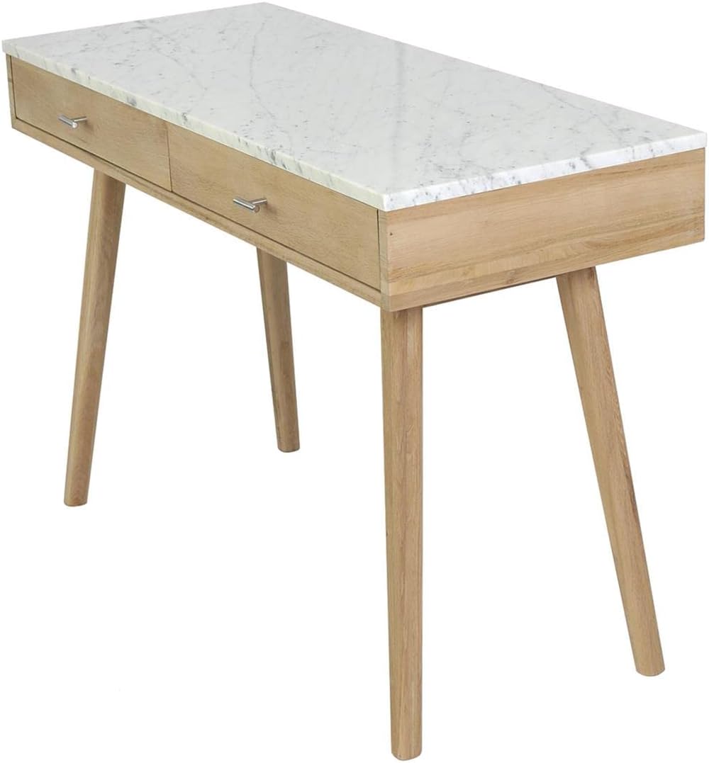 Bianco Contemporary Durable Viola Italian Carrara White Marble Writing Desk with Storage & Oak Legs - 44", Rectangular