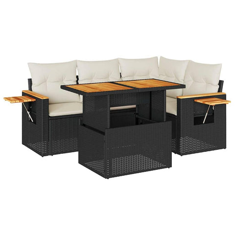 vidaXL 4 Piece Patio Sofa Set with Cushions Black Poly Rattan Acacia, Garden Sofa Set, Garden Lounge Set, Sofa for Garden, Outdoor Sofa Set