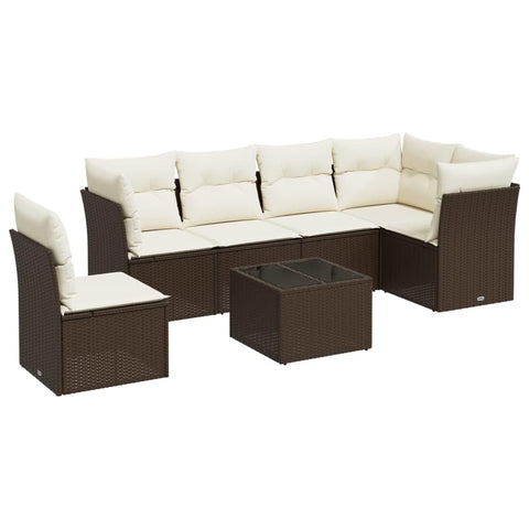 vidaXL Patio Sofa Set with Cushions 7 Piece, Sectional Sofa with Glass Table, Outdoor Conversation Set, Modern Style, Black Poly Rattan