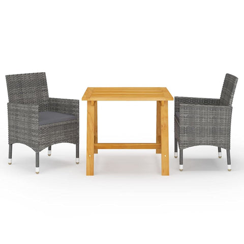 vidaXL Patio Dining Set 3 Piece, Outdoor Dining Table Set with Wood Tabletop, Rattan Chairs with Cushions, Conversation Set, Farmhouse Modern, Gray
