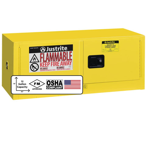 Justrite 12 Gallon Self Close Piggyback Flammable Storage Cabinet, 18 Gauge Steel, 2 Door Fire Cabinet, 18" x 43" x 18", Made in The USA, Yellow, 891320