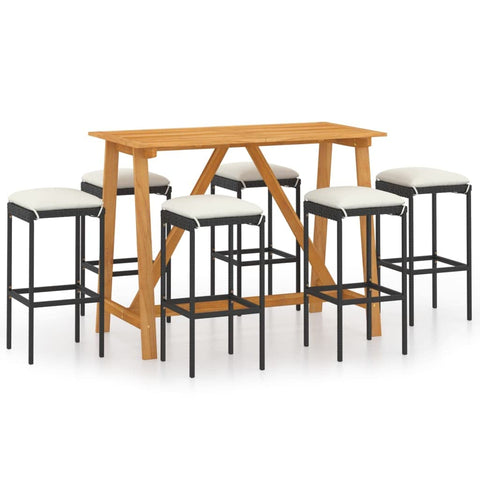 vidaXL 7 Piece Black Patio Bar Set with Cushions - Solid Acacia Wood Table and Weather-Resistant PE Rattan Chairs - Ideal for Garden, Patio or Terrace