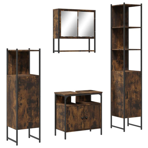 vidaXL 4-Piece Bathroom Furniture Set Smoked Oak Engineered Wood with Wall-Mounted Mirror Cabinet, Ample Storage, and Modern Design, 3214707