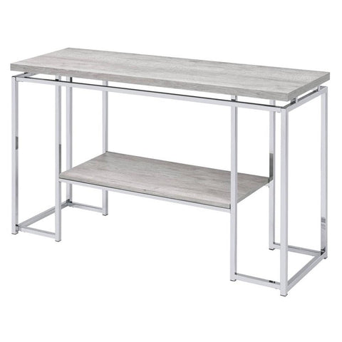 Acme Chafik Rectangular Wooden Top Sofa Table with Shelf in Oak and Chrome
