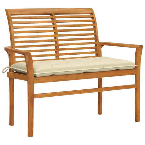 vidaXL Cream White Cushioned Patio Bench - 44.1" Solid Teak Wood Outdoor Garden Bench - Fine Sanded, Weather Resistant, Comfortable, Durable