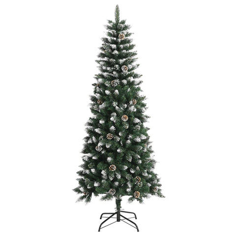 vidaXL Artifical Christmas Tree with Stand, 70.9" - Green and White, PVC and Steel Construction, Hinged, Decorated with Snow, Glitter and Cones â€“ Easy to Assemble, Durable & Eco-Friendly