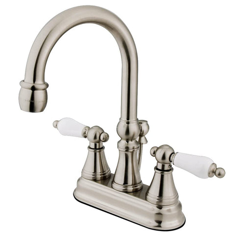 Kingston Brass KS2618PL Governor 4-Inch Centerset Lavatory Faucet with Brass Pop-Up and Porcelain Lever Handle, Brushed Nickel
