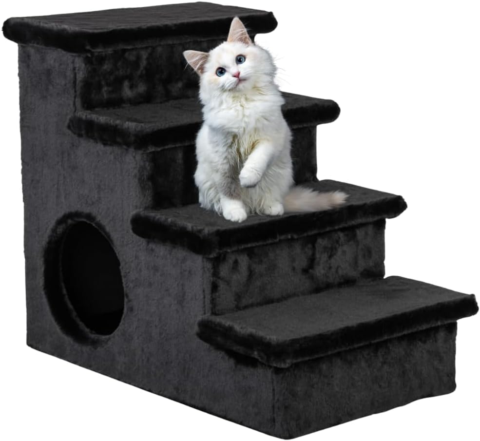 24 Inch X 22 Inch Stairs Hideout 4 Step Non Slip Pet Stairs for Cats Perfect High Beds & Couch & Window Sill Non-Slip Bottom (Black)