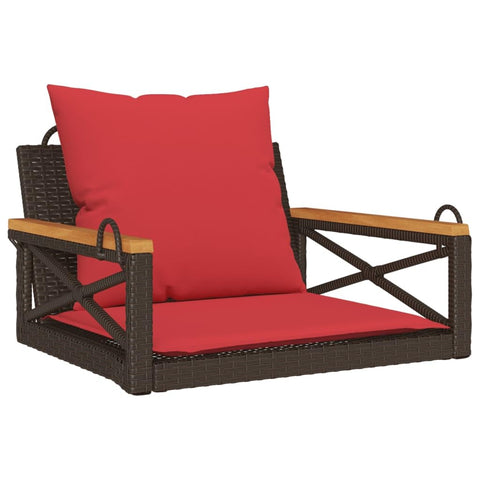 vidaXL Brown Poly Rattan Swing Bench with Cushions - Hammock Chair Outdoor Garden Seat, Powder-Coated Steel Frame, Comfortable Red Cushions, Fixing Rings, 24.8 x 24.4 x 15.7 Inches - Patio Furniture