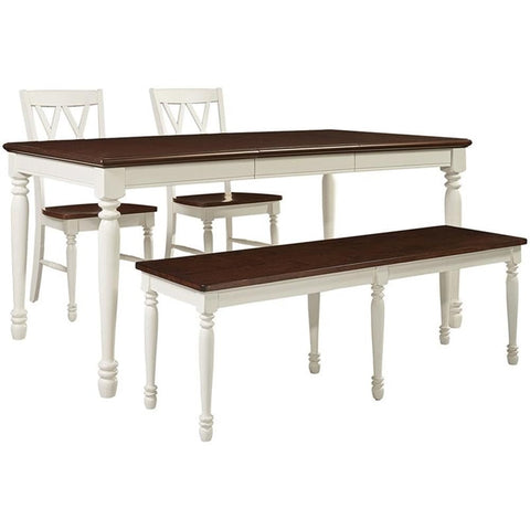 Shelby 4-Piece Dining Table Set For 5 Distressed White - Table, Bench, & 2 Chairs