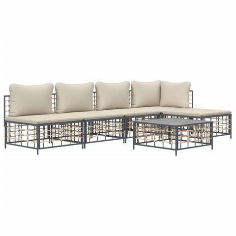 vidaXL Patio Furniture Set 6 Piece, Sectional Sofa with Coffee Table, Wicker Furniture Set with Cushions for Porch Garden, Anthracite Poly Rattan