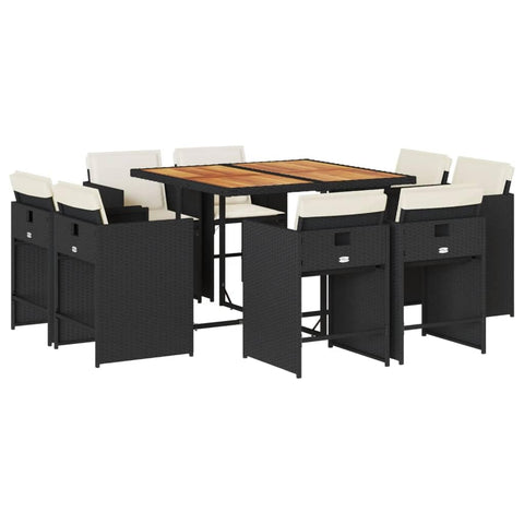 vidaXL 9-Piece Black Poly Rattan Patio Dining Set - Cushioned Garden Furniture with Foldable Chairs and Acacia Wood Tabletop for Outdoor Deck, Backyard, and Patio