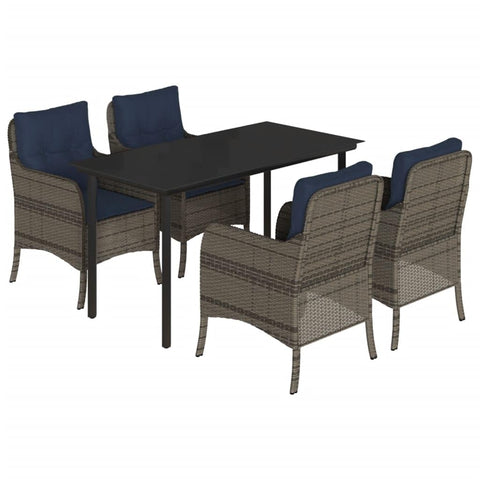 vidaXL 5-Piece Patio Dining Set - Gray Poly Rattan with Navy Cushions, Tempered Glass Tabletop, Weather-Resistant Outdoor Seating