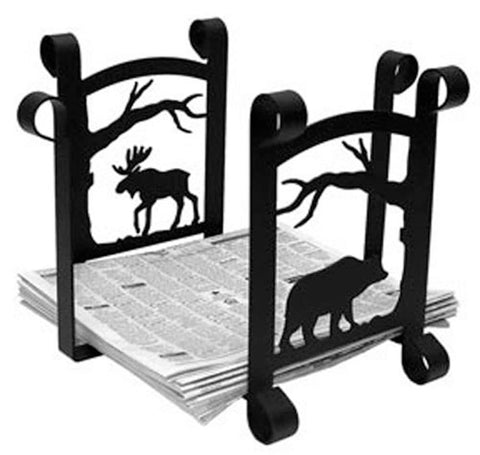 Village Wrought Iron Bear & Moose with Tree Magazine Storage Newspaper Rack