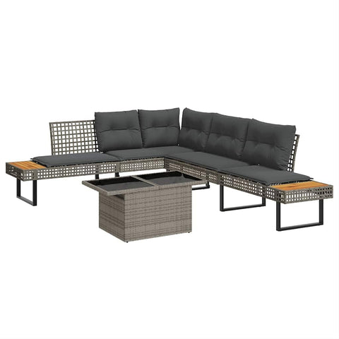 vidaXL L Shaped Garden Sofa Set with Cushions Grey Pe Rattan Modular Outdoor Furniture Comfortable Seating for 5 Removable Adjustable Tabletop Sets Patio Poly Lounge Conversation Wicker