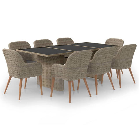 vidaXL 9 Piece Garden Dining Set Poly Rattan Brown Comes with Table and Cushions Tough Outdoor Furniture Great for Gatherings Seats 8 Rectangular Chairs