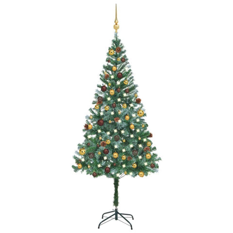 vidaXL 70.9" Artificial Christmas Tree with LED Lights, Glittering Balls, Pinecones and Sturdy Base - Green Gold, Easy Assembly and Storage, Ready-to-use Decorations Included