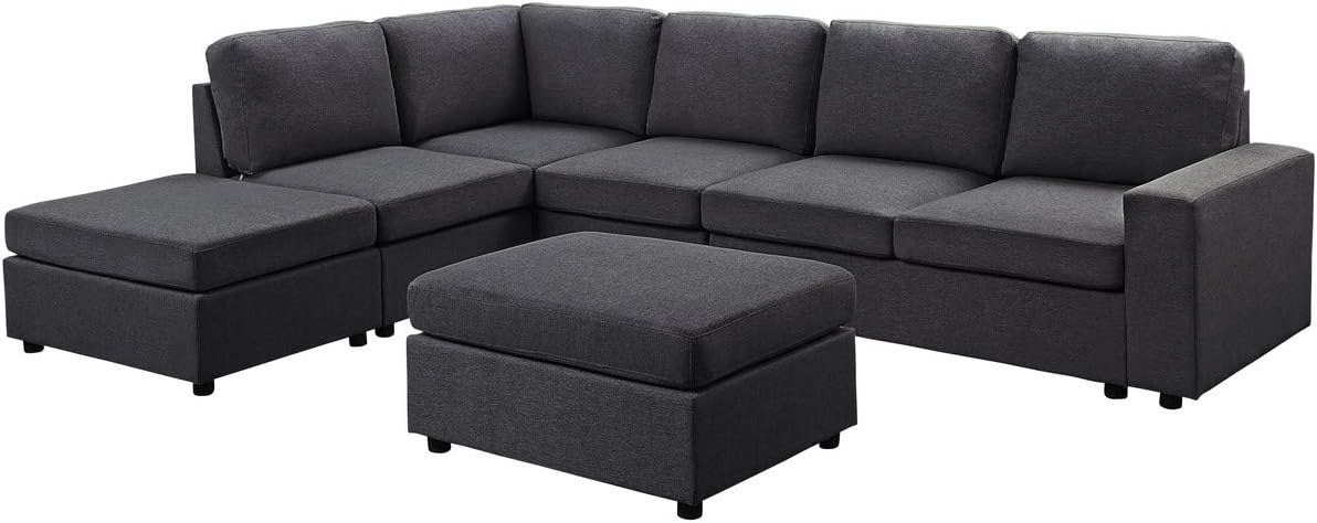 Lilola Home Marley Modular Sectional Sofa with Ottoman in Dark Gray Linen