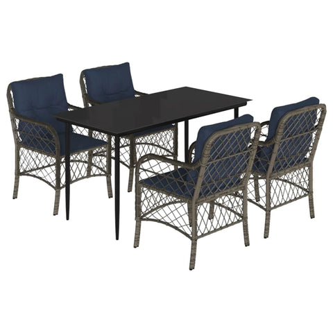 vidaXL 5-Piece Poly Rattan Patio Dining Set - Gray with Navy Blue Cushions, Tempered Glass Tabletop, Weather- Outdoor Furniture