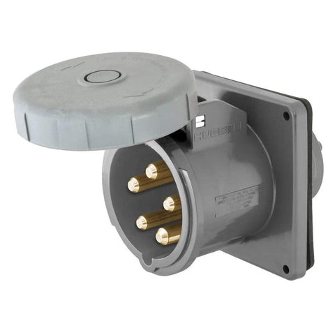 Hubbell Wiring Systems M5100B9R Ship-to-Shore Nylon Shore Power Inlet, 4 Pole, 5 Wire, 100 Amps, 120/208V AC, 3 Phase, 4.88" Mounting Hole Diameter, Gray