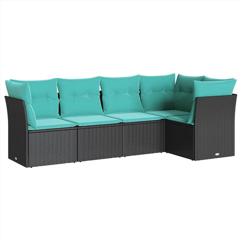 vidaXL Patio Sofa Set with Cushions - 5-Piece Black Poly Rattan Outdoor Furniture for Garden, Patio, Deck - Modular Design, Blue Cushions, Removable Covers