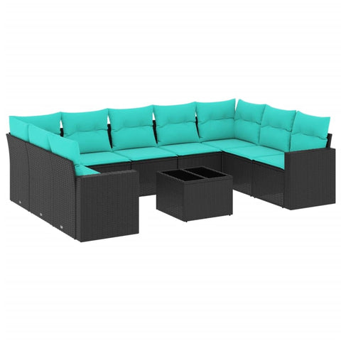 vidaXL Patio Sofa Set with Cushions 10 Piece, Sectional Sofa with Glass Table, Outdoor Conversation Set, Patio Furniture, Black Poly Rattan