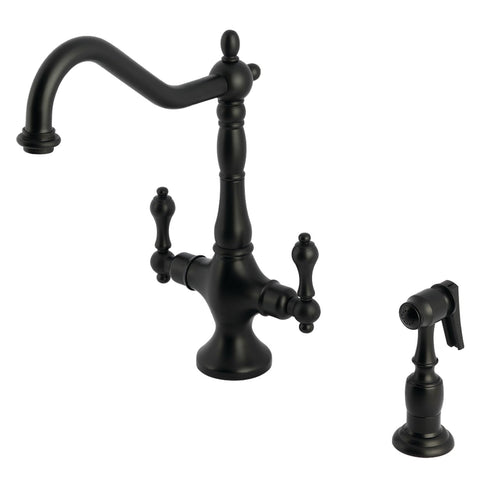 Kingston Brass KS1770ALBS Heritage 2-Handle Kitchen Faucet with Brass Sprayer, Matte Black