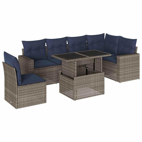 vidaXL Patio Sofa Set with Cushions 7 Piece, Conversation Set with Table and Sectional Sofas, Outdoor Seat for Garden, Modern, Gray Poly Rattan