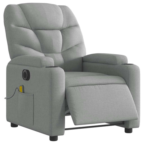 vidaXL Electric Massage Recliner - Light Gray Fabric Armchair with Electric Motor, 6-Point Vibration, Cup Holders for Living Room