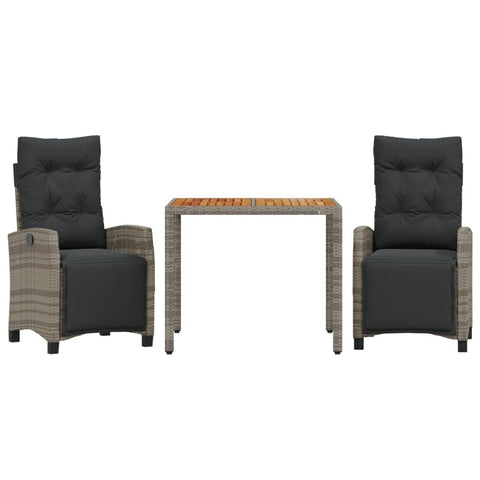 vidaXL - 3 Piece Patio Dining Set with Cushions - Poly Rattan, Adjustable Backrest, Acacia Wood Table - Outdoor, Garden, Backyard, Patio Furniture - Gray