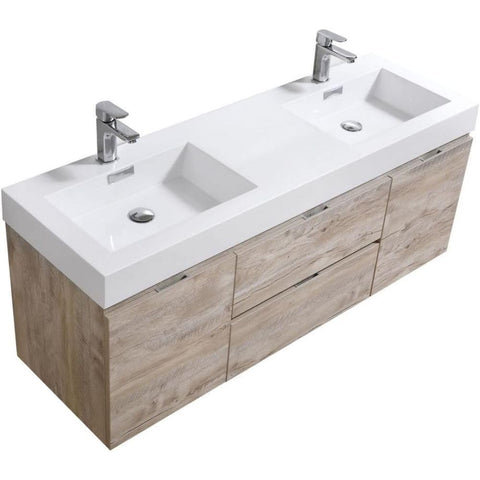 Oakestry Bliss 60 Inch Wall Mounted Bathroom Vanity Nature Wood Finish Modern Floating Cabinet with Double Integrated Ceramic Sinks and Soft Close Drawers for Large Bathrooms