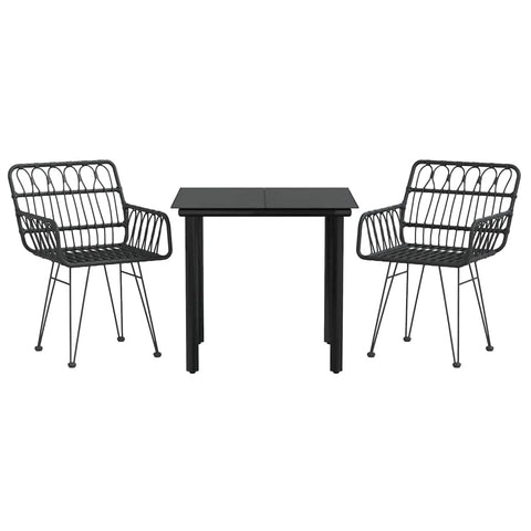 vidaXL 3 Piece Patio Dining Set with PE Rattan Chairs and Tempered Glass Table - Black