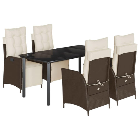 vidaXL 5 Piece Patio Dining Set - Brown PE Rattan with Cushions, Adjustable Reclining Chairs, Tempered Glass Tabletop, Weather-Resistant, Outdoor Garden/Backyard/Patio Furniture
