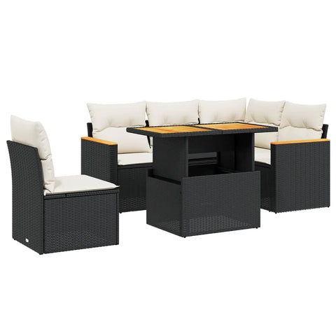 vidaXL Modular Garden Sofa Set with Cushions 6 Piece Black and Cream Pe Rattan Adjustable Armrests Waterproof Outdoor Seating Sets Patio Lounge Poly Sectional for Furniture