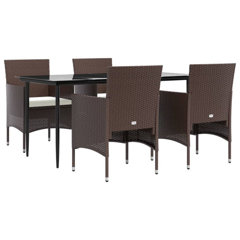 vidaXL 5-Piece Patio Dining Set - Outdoor PE Rattan Chairs and Table with Cushions and Tempered Glass Tabletop - Perfect for Patio, Deck, Poolside or Balcony - Brown and Black