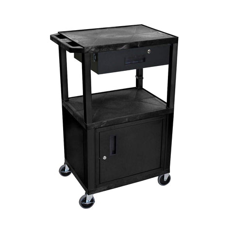 LUXOR WT42C2E-B/WTD 42" H AV Cart - 3 Shelves Cab Drawer - Black, 4" Ball Bearing Casters with Two Locking Brake, Multipurpose Storage for Video Projector, TV, Laptop