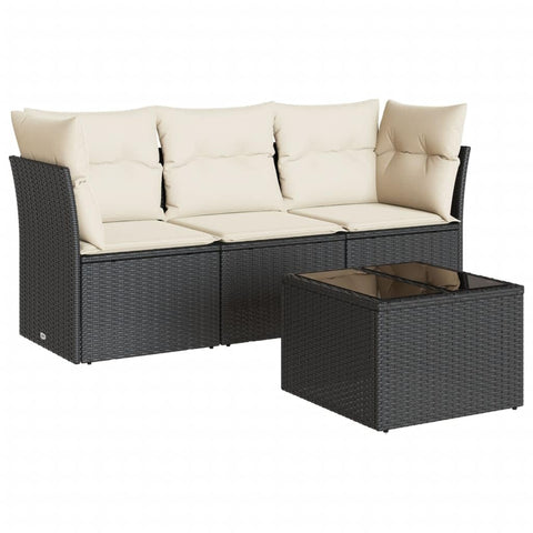 vidaXL Patio Sofa Set with Cushions 4 Piece, Sectional Sofa with Glass Table, Outdoor Conversation Set, Modern Style, Black Poly Rattan