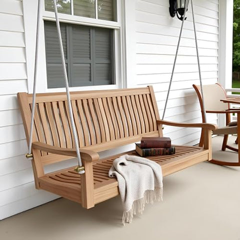 Oakestry Del Amo 36 Inch Straight Swing Bench Solid Teak Wood Outdoor Hanging Chair Handcrafted Patio Porch Swing Weather Resistant Sustainable Teak Bench for Garden Balcony Relaxation