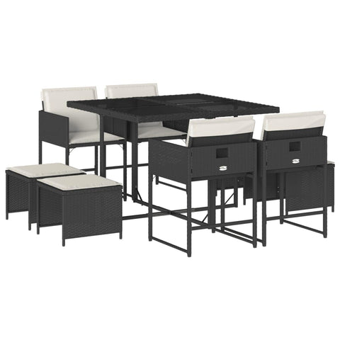 vidaXL 9 Piece Patio Dining Set â€“ Weather-Resistant Poly Rattan Outdoor Furniture with Cushions, Glass Top Table, Foldable Chairs, Stools for Garden, Backyard, Deck, Counter Height - Black