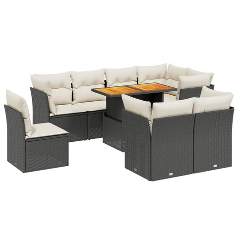 vidaXL 9 Piece Garden Sofa Set with Cushions Black and Cream Modular Outdoor Furniture Weather Resistant PE Rattan Seating for Patio Poly Sectional Lounge Conversation