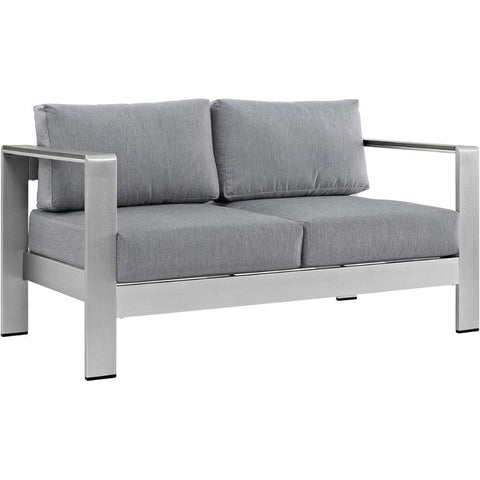 Oakestry Silver Gray Aluminum Outdoor Loveseat Modern Patio Seating with Weather-Resistant Cushions Stylish Metal Frame Durable Garden Bench for Balcony Backyard Porch or Poolside Lounge