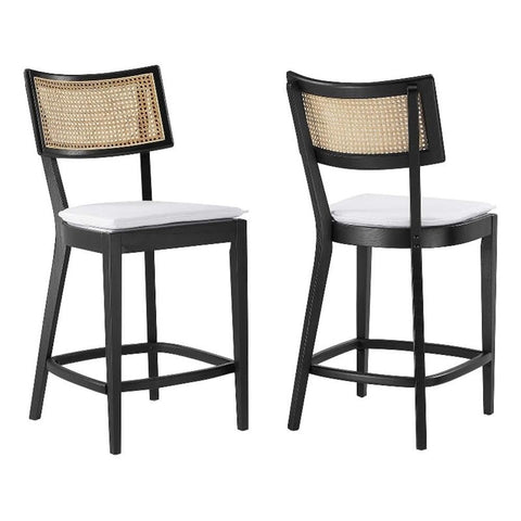 Modway Caledonia 42.5 Inch Elm Wood Counter Stools - Set of 2 in Black White - Padded Counter Stools with Rattan Back and Removable Cover - High Kitchen Chairs with Footrest - Armless Counter Stools
