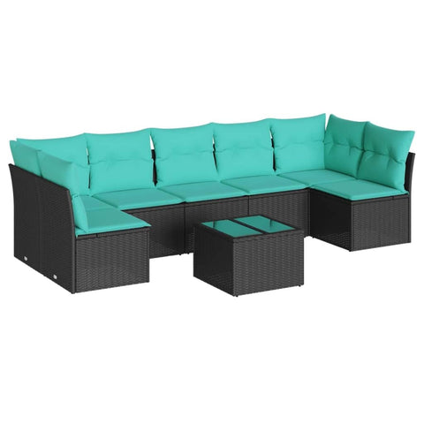 vidaXL 8-piece garden furniture set, garden furniture set with cushions, seating set for garden terrace, sectional garden sofa, table with glass top, black polyrattan
