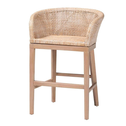 bali & pari Papua Antique White Washed Rattan and Mahogany Wood Counter Stool
