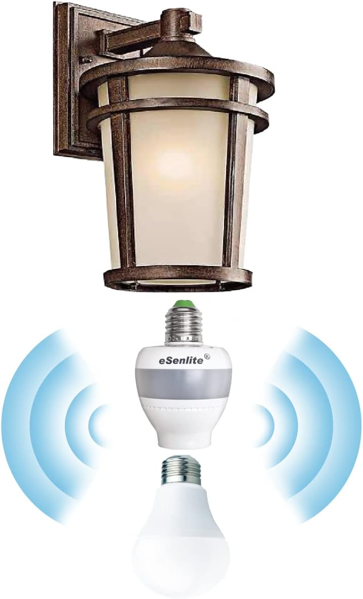 eSenlite Motion Sensor Light Socket, Radar Motion Screw LED CFL Incandescent Bulb Adapter, Dusk to Dawn Dimmable Control, Outdoor Indoor Garage Light, for Basement (1)