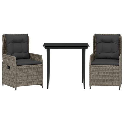 vidaXL 3 Piece Garden Dining Set with Cushions Grey Poly Rattan for 2 People Outdoor Table and Chairs Adjustable Backrests Stylish Patio Furniture Reclining Balcony