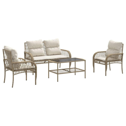 vidaXL Patio Sofa Set 4-Piece with Cushions Beige Poly Rattan Outdoor Furniture - Garden Lounge Set with Tempered Glass Table for Backyard, Terrace, Deck, Patio